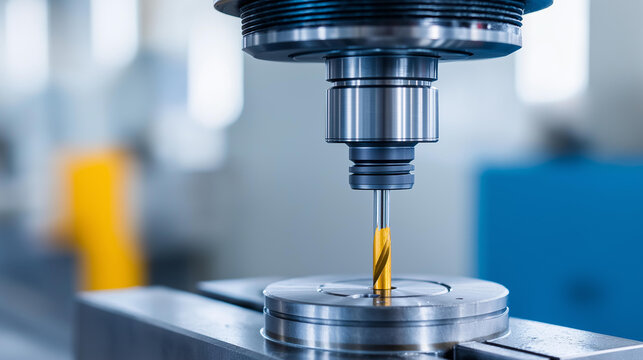 Faceless skilled operator performing precision regrinding of a flat-nose end mill on a tool grinding machine, defocused machining facility behind, end mill regrinding, cutting