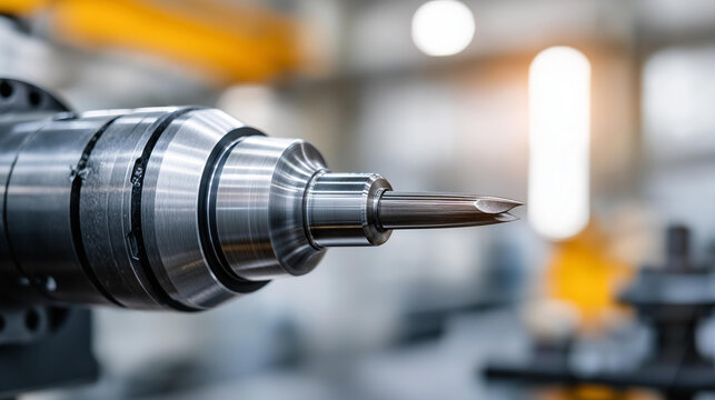Faceless skilled operator performing precision regrinding of a flat-nose end mill on a tool grinding machine, defocused machining facility behind, end mill regrinding, cutting