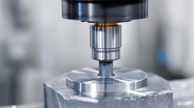 Faceless skilled operator performing precision regrinding of a flat-nose end mill on a tool grinding machine, defocused machining facility behind, end mill regrinding, cutting