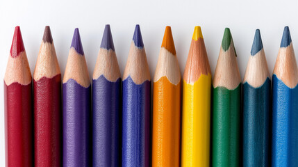 Fototapeta premium Row of sharpened colored pencils lined up tightly across the full frame against a pure white background, every tip sharp and even, colorful pencil row, pencil lineup, art supply