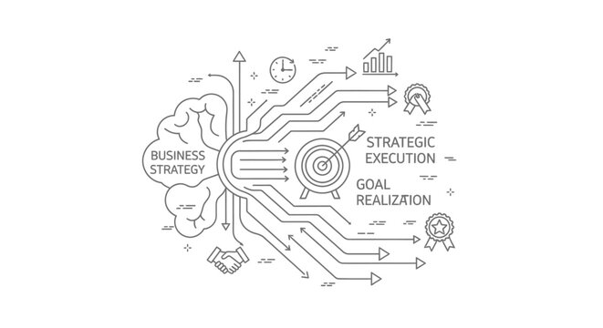 Diagram shows a human brain associated with business strategy concepts flowing through circuits toward goal realization and strategic execution targets.