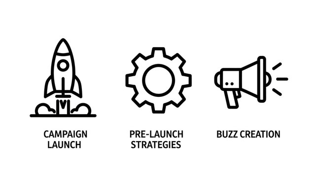 Business marketing strategy icons including campaign launch rocket pre-launch strategy gear and buzz creation megaphone for startup growth projects