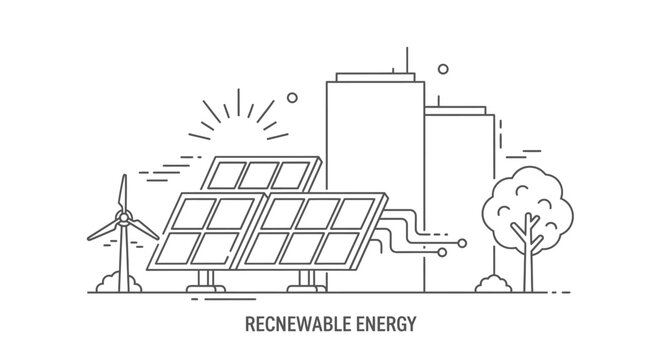 Renewable energy infrastructure features large solar panels and a wind turbine situated before modern city buildings under bright sunlight.