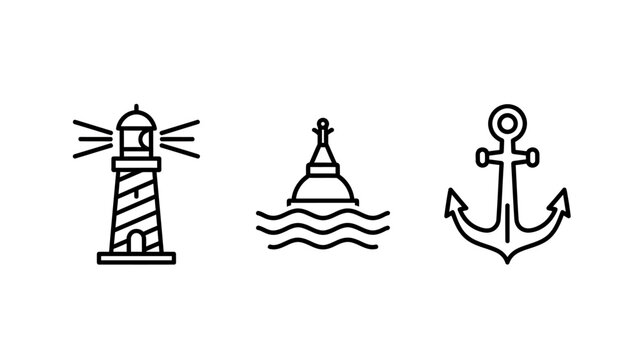 Maritime icon collection with lighthouse beacon, sea buoy, and ship anchor for marine navigation and sailing themes