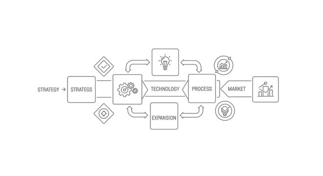 Business process flowchart illustrates the sequential steps from strategy development through technology implementation to final market delivery and expansion.