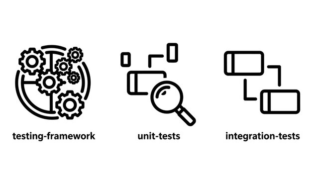 Software development testing framework icons showing unit tests and integration tests with gears