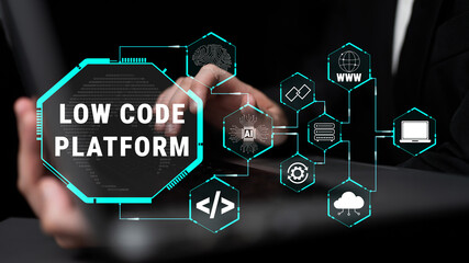 Fototapeta premium Innovative Low Code Platform Concept with Digital Connections and Icons Representing Technology and Development Trends Quark.