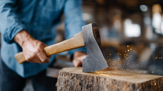Faceless person in casual shirt drawing an axe blade across a whetstone in a workshop, sparks visible, defocused workshop interior, axe sharpening whetstone, blade maintenance