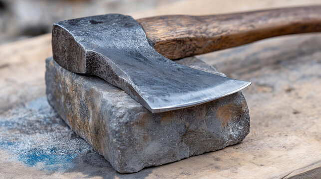 Close-up of a steel axe blade being sharpened on a whetstone, water and metal slurry visible, defocused workbench, axe blade whetstone, steel tool sharpening, axe maintenance,