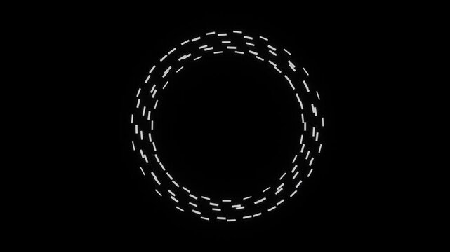 Minimal monochrome orbit ring animation formed by fragmented rotational dashes on black background