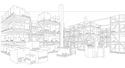 Fototapeta premium Warehouse interior line drawing shows tall metal shelving units stacked high with numerous cardboard shipping boxes awaiting distribution.