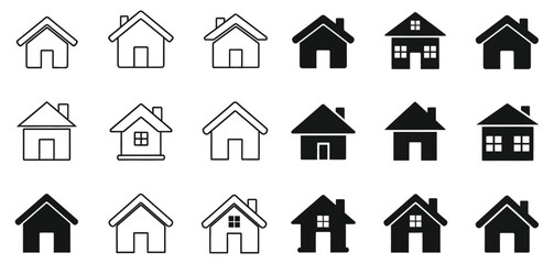 Fototapeta premium A collection of 15 simple black and white house icons in various styles and shades