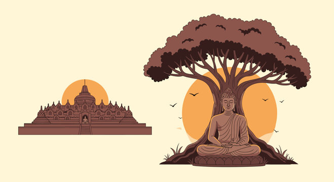 Serene illustration of the Borobudur temple alongside Buddha meditating under a sacred Bodhi tree during a warm sunset.