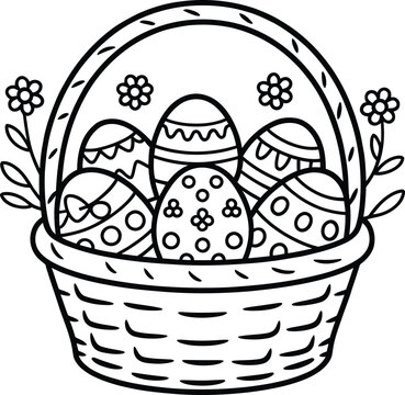 Easter basket with patterned eggs line art illustration for coloring page and spring holiday design

