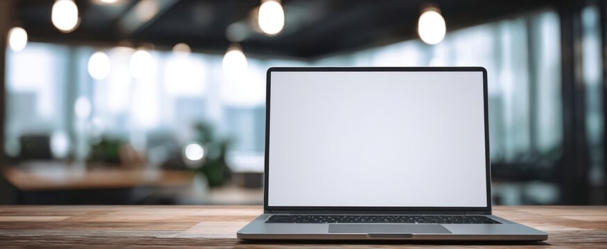 The laptop on wooden desk with blank screen in modern blurred office interior