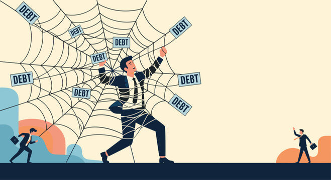 Frustrated businessman trapped in a giant complex spider web covered with signs labeled with the word DEBT.