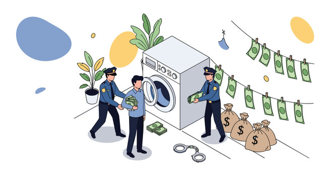 Illegal money laundering concept with police officers arresting a criminal using a washing machine to clean dirty cash and dollar bags.
