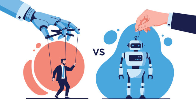 Concept of human vs artificial intelligence control showing a robotic hand with a man puppet and a human hand with a robot puppet.