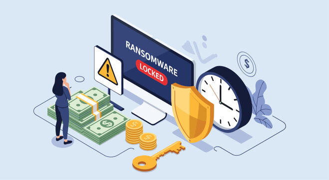 Concerned businesswoman facing a ransomware attack on her computer with a locked screen demand for money and time pressure icons.