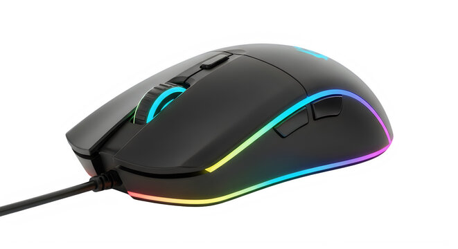 Black computer mouse with colorful rainbow light on side and cord isolated on white transparent background