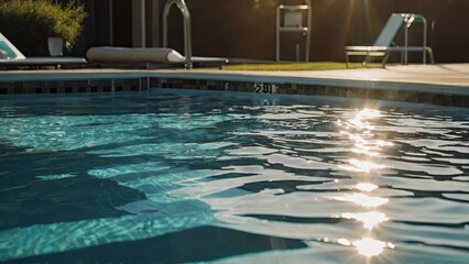 Close up of hotel pool water in sun, safe clean swimming, private vacation, secure holiday, wellbeing getaway, poolside advertising.
