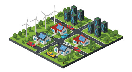 Obraz premium Sustainable smart city with wind turbines solar panels on houses and green spaces promoting renewable energy and eco friendly living.