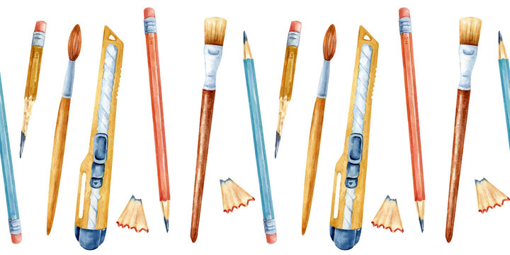 Watercolor School Supplies Seamless Pattern, Hand Painted Pencils Brushes and Cutter