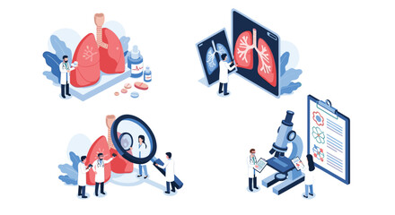 Fototapeta premium Medical professionals and doctors analyzing lung health and respiratory system using x-ray microscope and patient reports in clinic.