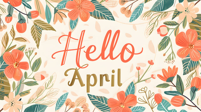 Hand painted spring floral greeting with hello april text for seasonal decor