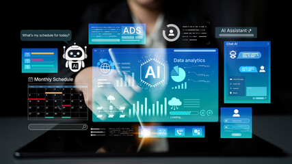 Fototapeta premium AI assistant unifies analytics, scheduling and marketing automation in one workspace. AI reads calendars, AI tracks campaign results, and AI supports faster decisions and productivity data. Corpus