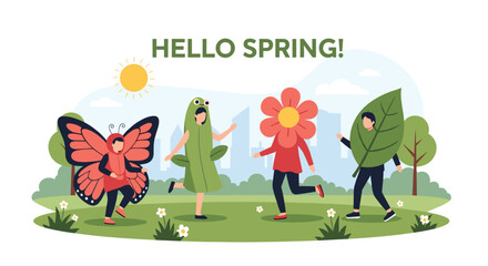 Fototapeta premium Group of happy children wearing colorful spring-themed costumes such as butterfly, flower, and leaf while playing in a green park.