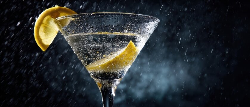 The Martini Glass with Lemon Twist and Splashing Water in Dramatic Light