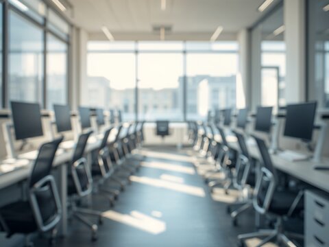 Defocused interior of a modern computer lab or open office. Rows of empty desks with monitors and black chairs. Technology background.