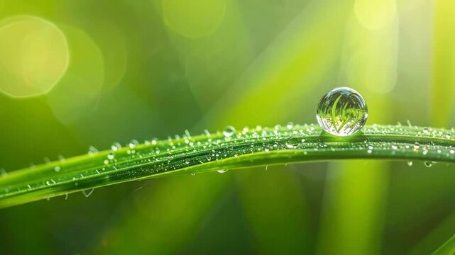 Close-up of a water droplet on a green leaf, reflecting the surrounding environment, with a blurred background.