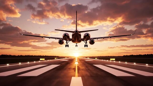 Airplane taking off runway during sunset with clouds and runway lights reflecting on wet surface cinematic aerial view footage