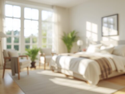 Defocused background of a cozy modern bedroom with white bed sheets, green plants, and bright sunlight. Soft home interior backdrop.