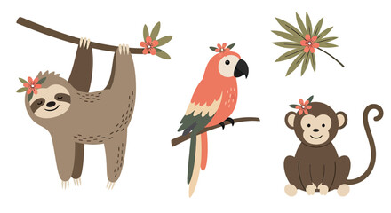 Fototapeta premium Whimsical tropical animals vector set sloth, parrot, and monkey with floral accents