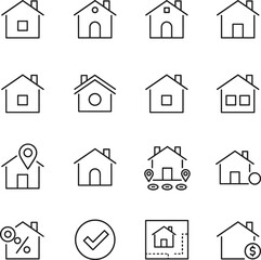 Obraz premium Flat vector illustration of real estate house icon set, black and white minimalist design, property symbols, housing finance, architectural artwork