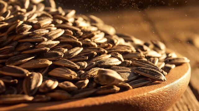 Close up of sunflower seeds on wooden surface with warm lighting