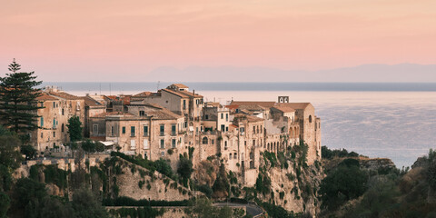 Scenic view of Tropea, a historic cliffside coastal town in Calabria, Italy, overlooking the sea in...