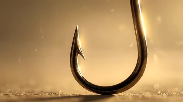 Close-up of a shiny l fish hook suspended by a thin wire against a blurred background.