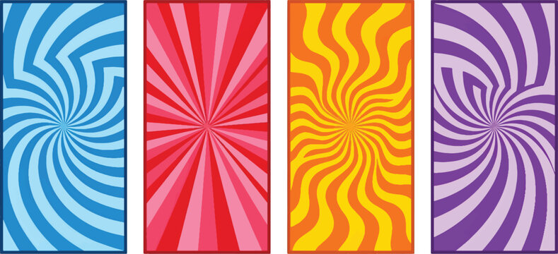 Four vertical banners display vibrant psychedelic spiral patterns in contrasting colors of blue, red, orange, and purple.