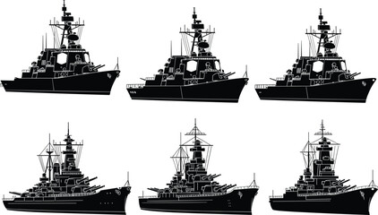 Black Silhouette Set of Modern Warships and Historical Battleships with Radar and Cannons for Navy Military Defense and Marine Design © Empowerment angle 