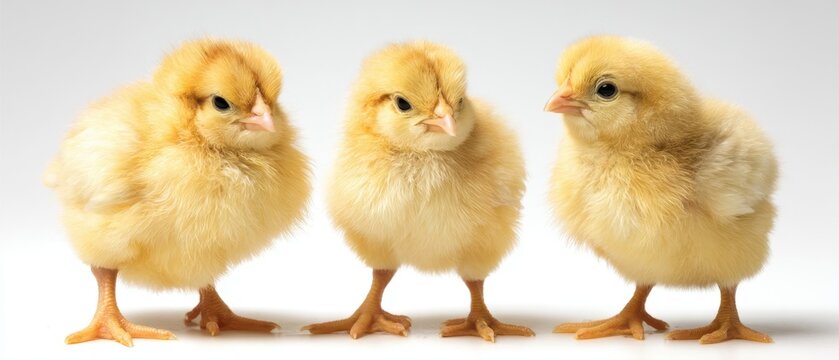 The baby chicks standing side by side on a clean white background