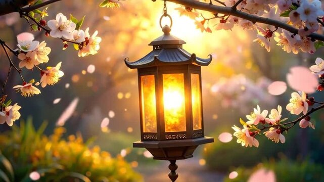 A beautiful lantern hangs from a flowering tree branch, illuminated by warm sunlight in a serene garden.