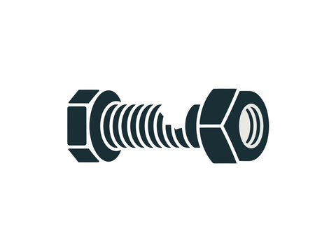 A minimalist vector graphic of a black screw with a hexagonal head and nut on a white background