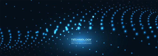Dynamic blue wave technology abstract background, flowing lines of bright particles creating sweeping curvature and sense of speed, high contrast neon highlights with kinetic energy, ideal for banner, © Biod