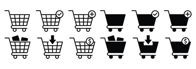 E commerce shopping cart icons illustrating various stages of online shopping process and product addition © Anisur Rahman