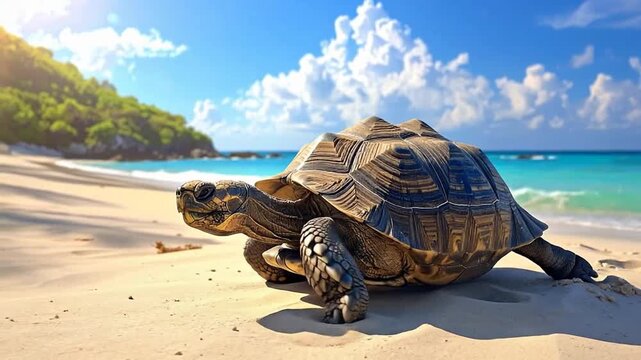A large tortoise walking on a sandy beach with the ocean and blue sky in the background.