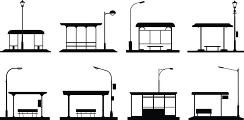 Silhouette collection of bus stop shelters with streetlamps, urban infrastructure artwork, public transportation illustration, architectural design inspiration © MDRAJ